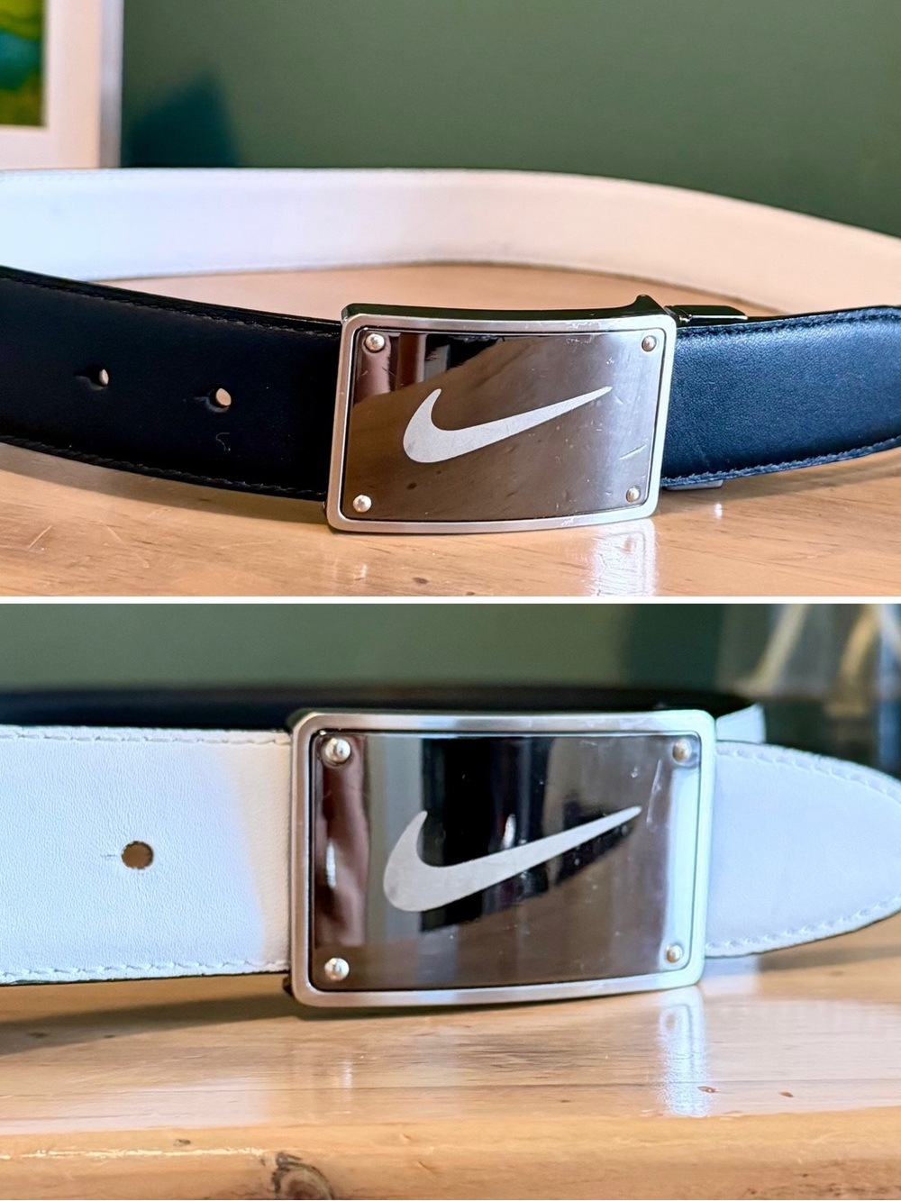 Nike Golf Reversible Leather Belt Black White Plaque Logo Size 34